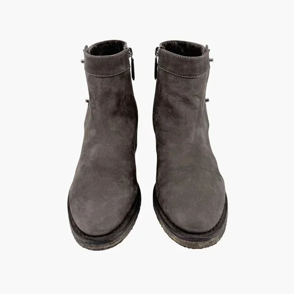 Chanel Turnlock CC Ankle Boots EU 39 US 8-8.5 Gray Suede Low Block Heel Bootie